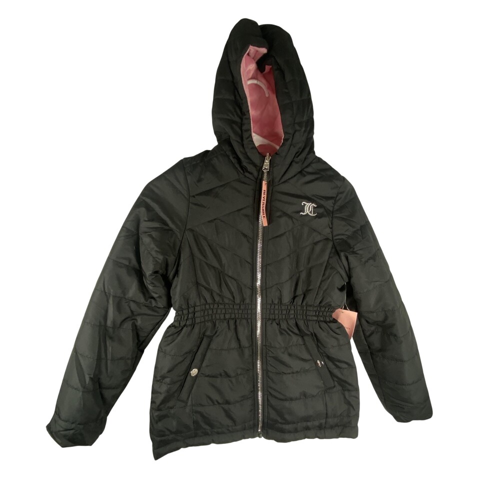 Juicy Couture Puffer Jacket Girls 10/12 Black Hooded Reversible Pink Lined